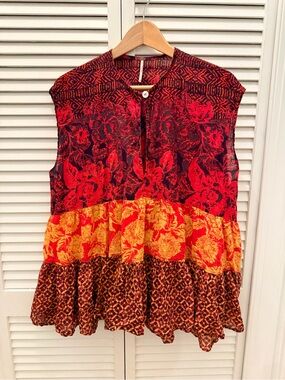Sleeveless Floral Boho Tiered Top in Red and Yellow